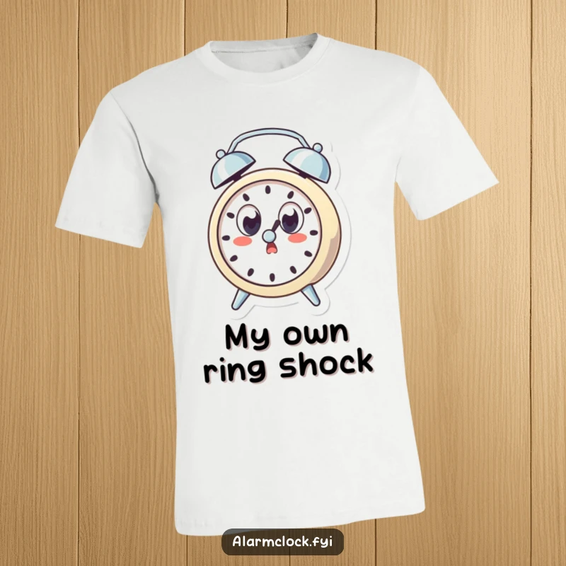 Funny t-shirt depicting a surprised alarm clock character with wide eyes, startled by its own ring, great for humorous wear.