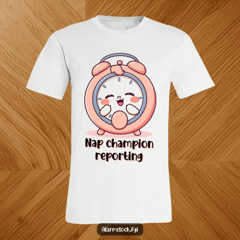 Funny t-shirt featuring a laughing character playfully tapping a snooze button, illustrating a love for extra sleep.