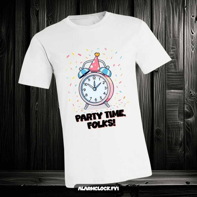 Funny T-shirt depicting a party-hat-clad alarm clock spinning amidst confetti, celebrating lively moments.