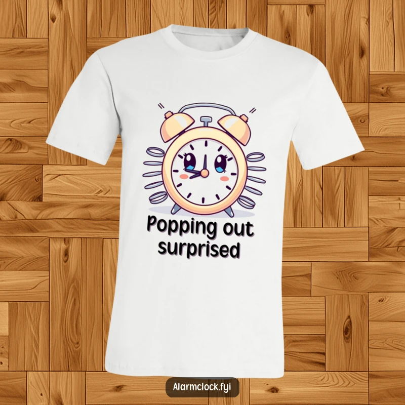 Funny T-Shirt: an alarm clock with springs bursting out, wide-eyed with comical surprise, symbolizing unexpected moments.