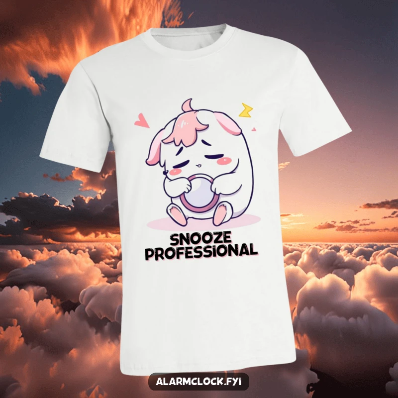 Funny t-shirt of a sleepy character groggily hitting snooze, perfect for expressing morning fatigue with humor.