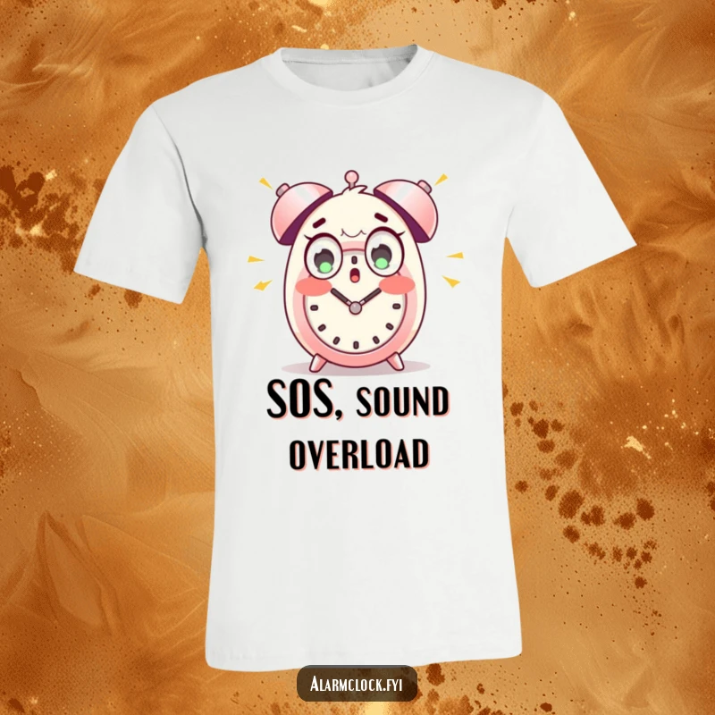 Funny t-shirt featuring a character with wide eyes, startled by loud alarm clock bells, embodying morning panic hilariously.