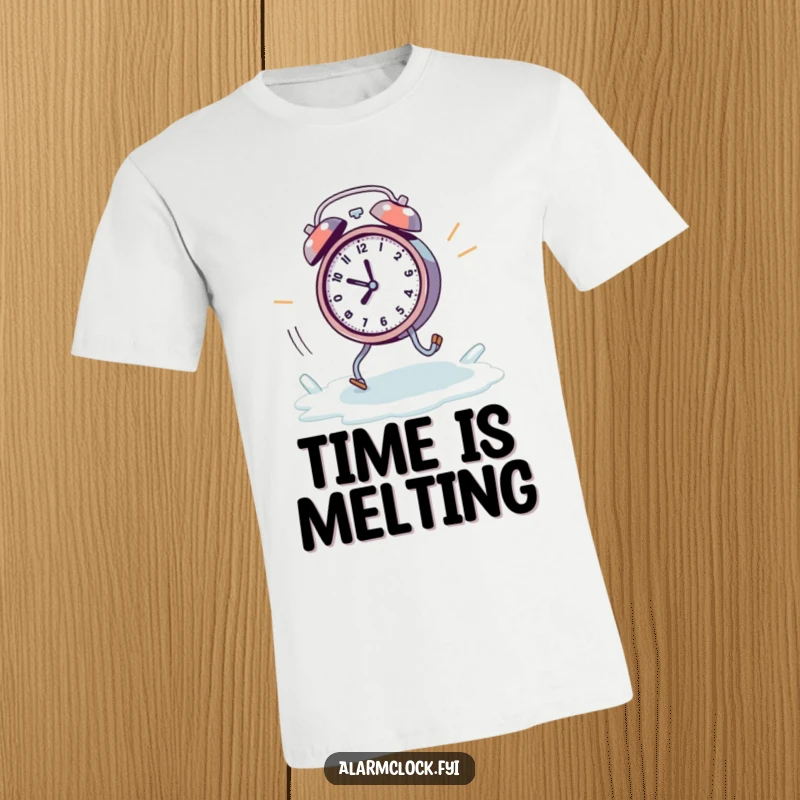 Funny melting alarm clock t-shirt shown with tiny legs, desperately running away from a rapidly melting ice cube.