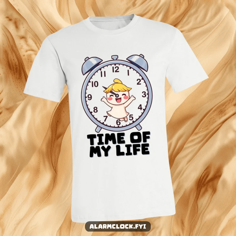 Funny t-shirt with a joyful character dancing energetically beside buzzing clock hands, representing the fun of embracing time.
