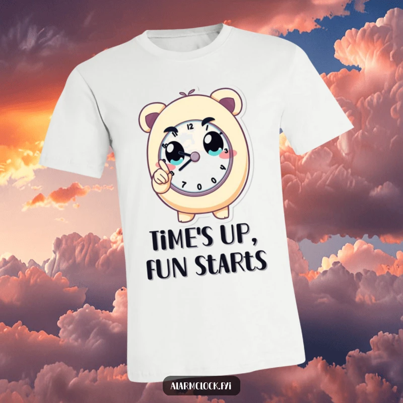 Funny T-shirt showcasing a determined character intently pointing at a clock, highlighting punctuality and drive. Great funny gift.