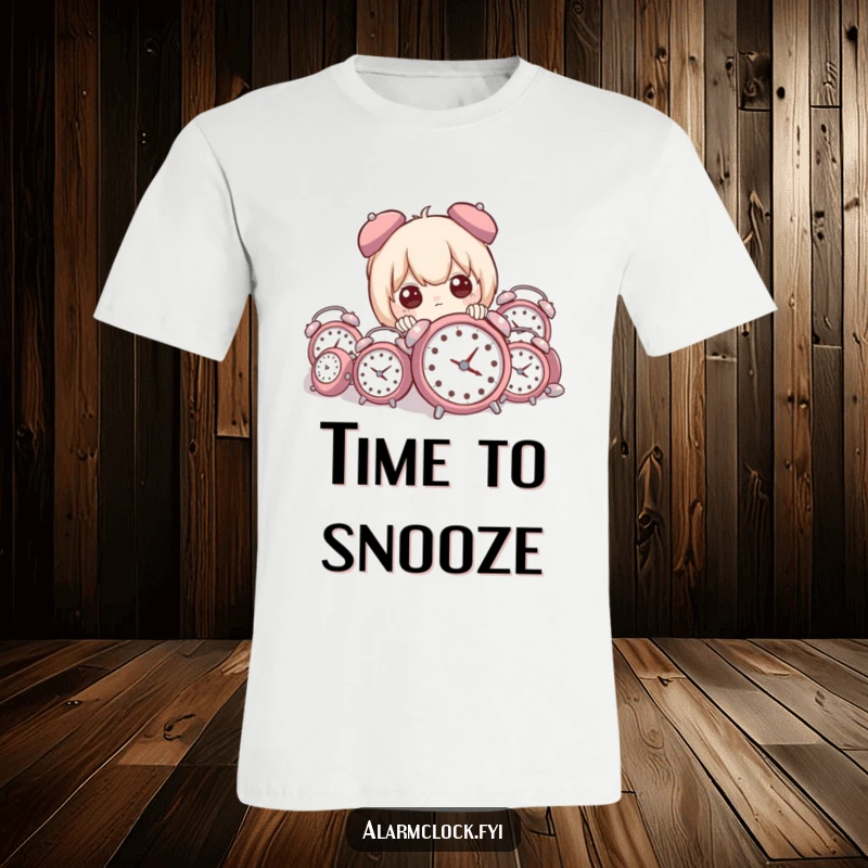 Funny t-shirt with a character comically peeking from a massive pile of small alarm clocks, expressing delightful panic.
