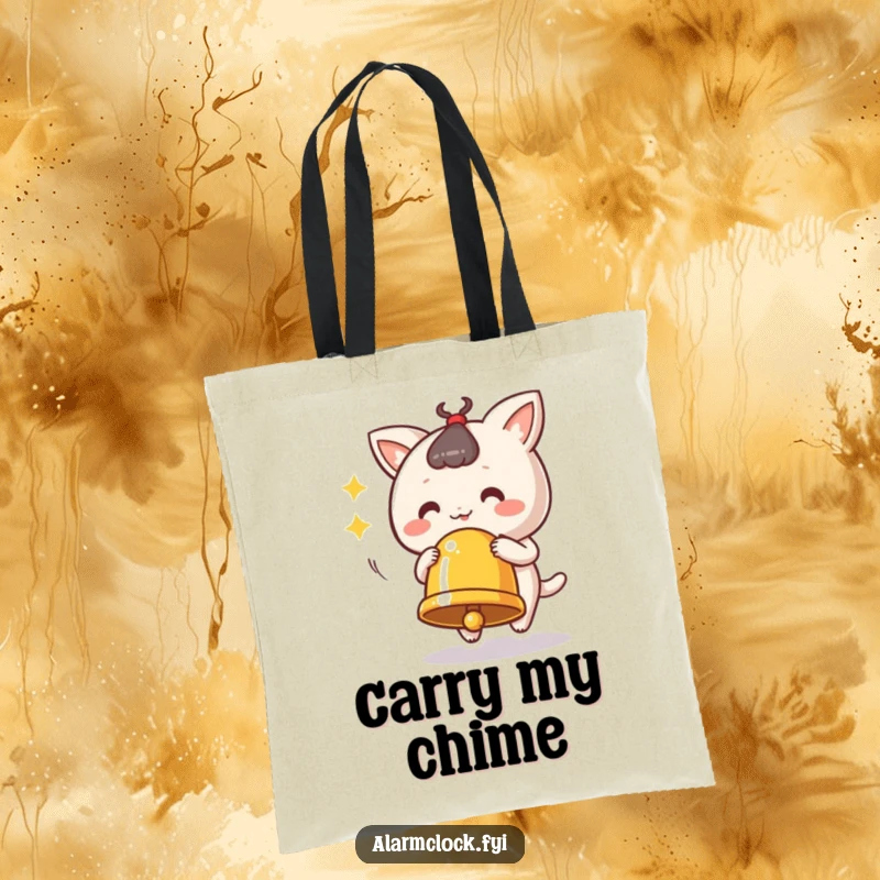 Funny ringing bell tote bag with a cute character vigorously ringing a bell, perfect for carrying items.