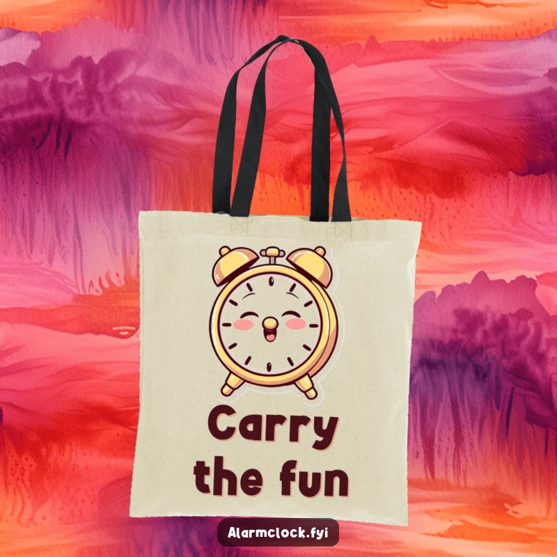 Funny tote bag with a giggling alarm clock character sporting a mischievous grin, playfully ringing its bell to announce fun.