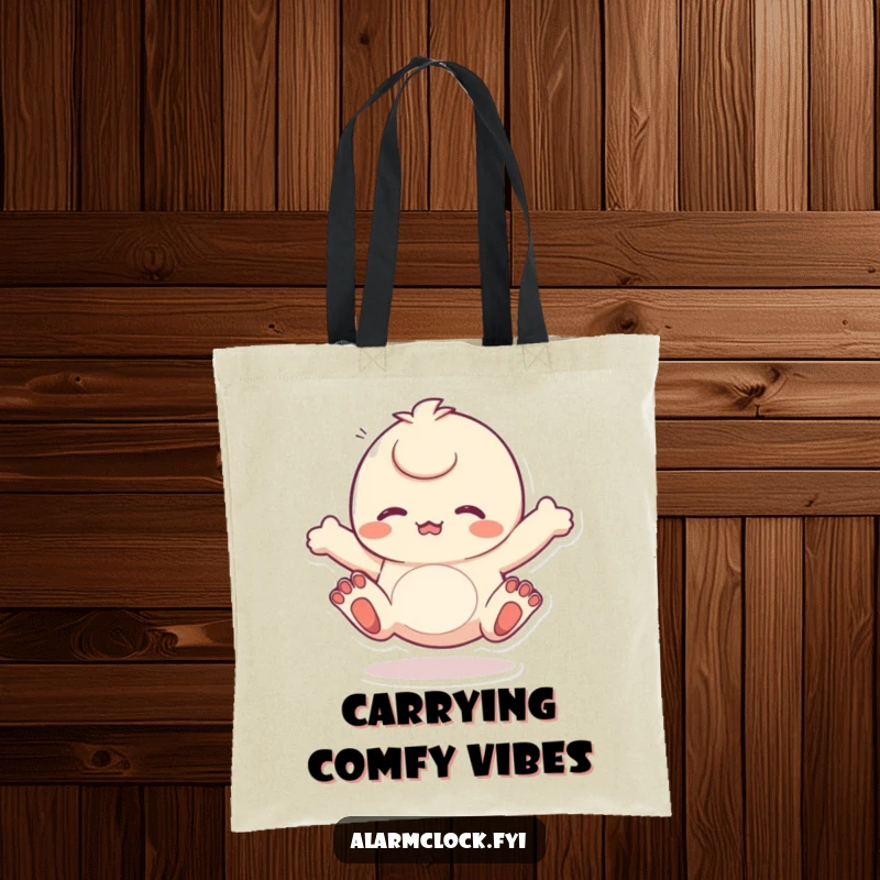 Funny tote bag with a character energetically wiggling its toes, representing joy and freedom. Ideal funny gift.