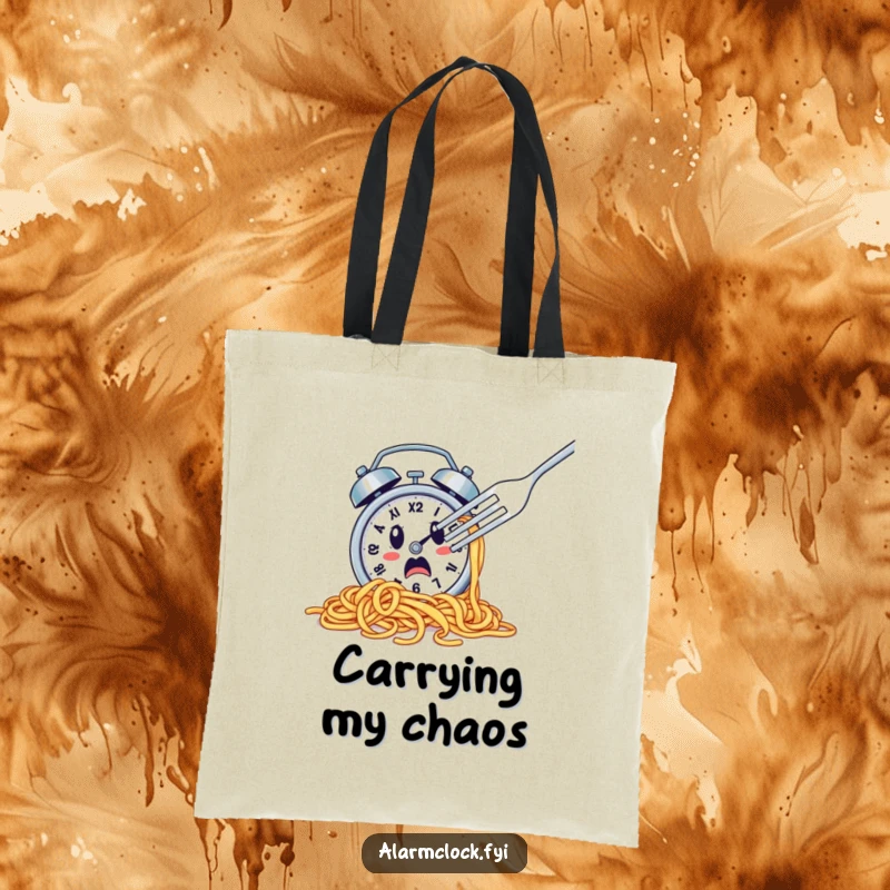 Funny tote bag with a spaghetti-covered alarm clock escaping a fork, a humorous accessory for food lovers.