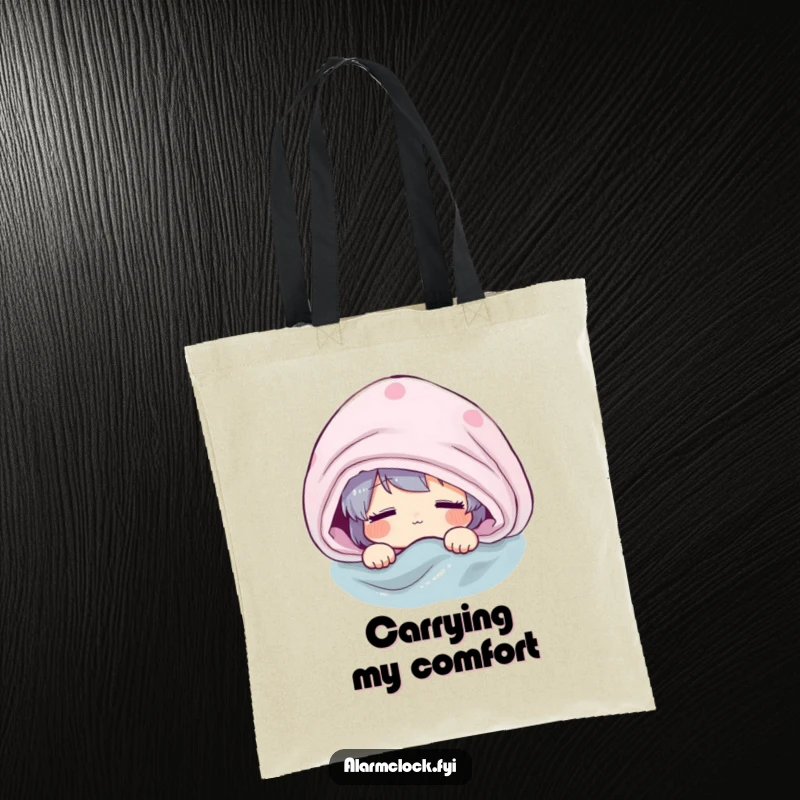 Funny tote bag with a groggy character peeking from under a blanket, ideal for carrying essentials and expressing morning reluctance.