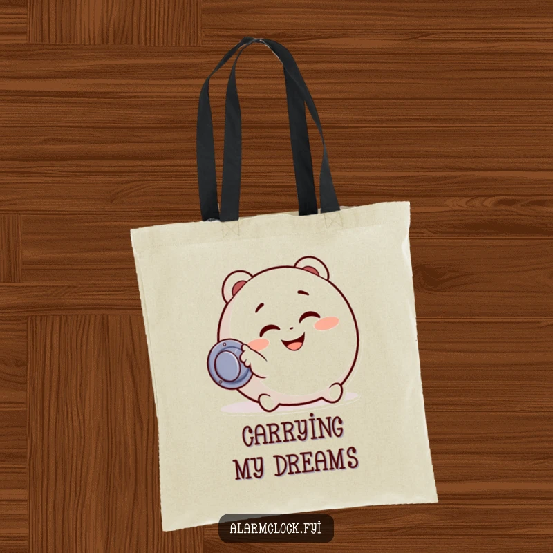 Funny tote bag with a character happily pressing a snooze button, designed for shoppers who appreciate a morning laugh and practicality.