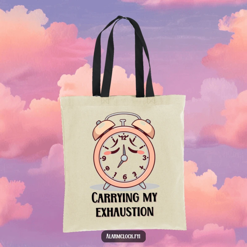 Funny tote bag with a tired character reluctantly hitting snooze on an alarm clock, perfect for carrying essentials.
