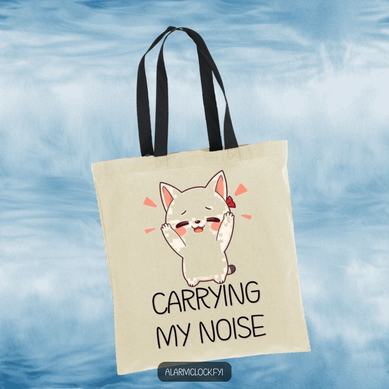 Funny tote bag with a blushing character covering its ears from a loud alarm, perfect for those who appreciate quiet and humor.