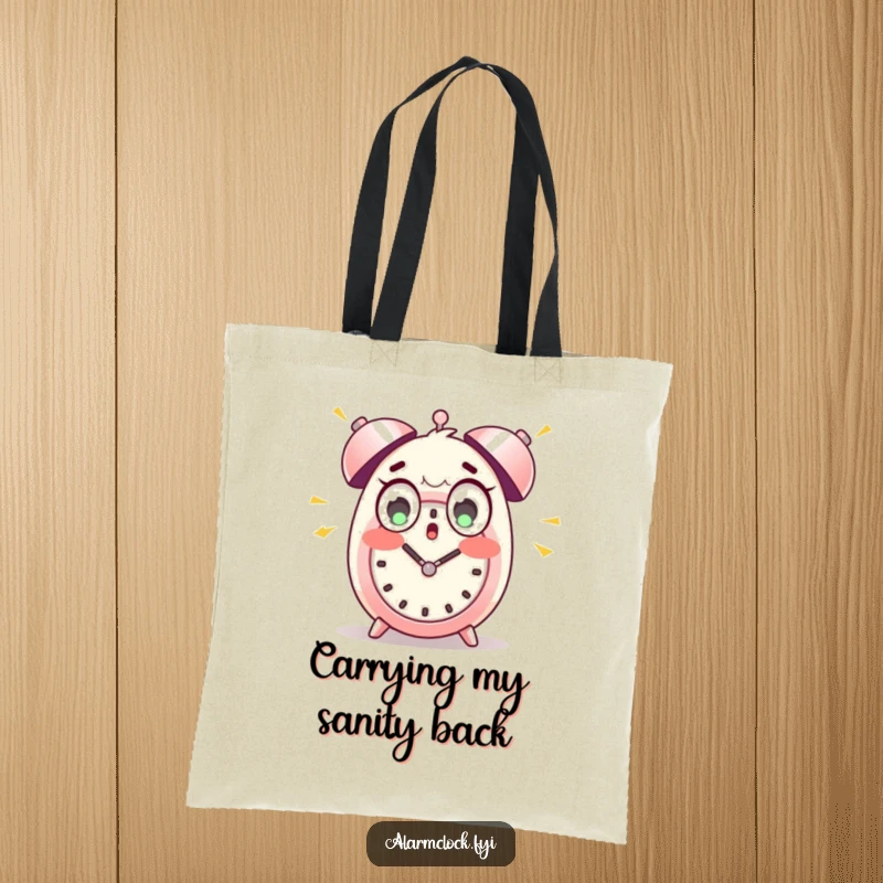 Funny tote bag showing a wide-eyed character startled by loud alarm clock bells, a humorous take on morning awakenings.