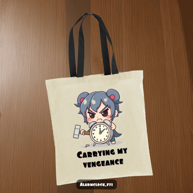 Funny tote bag featuring a determined character smashing a tiny alarm clock with a hammer, a humorous accessory.