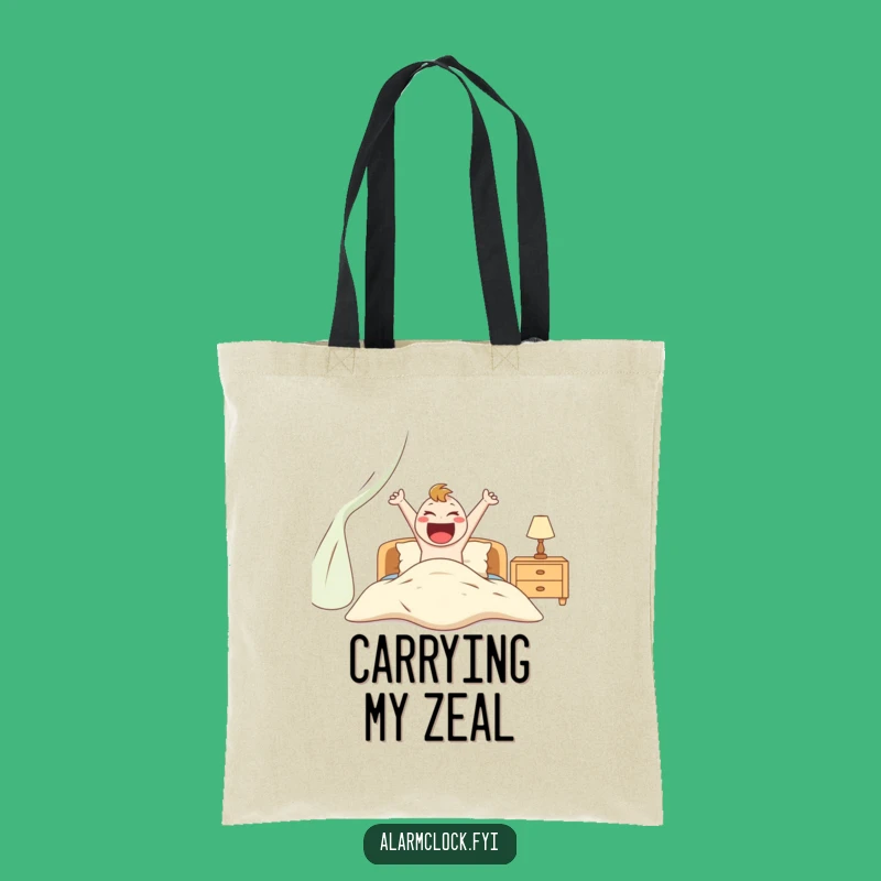 Funny Excited Character Jumping Out of Bed Tote Bag, Stylish Humorous Gift for Doers