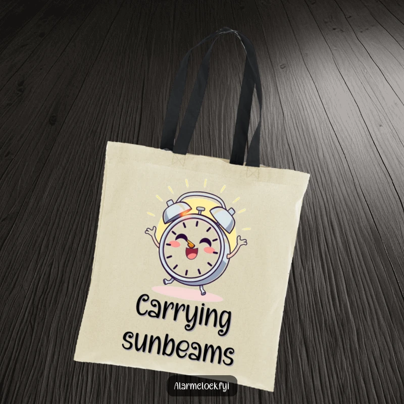 Funny tote bag with a cheerful alarm clock character dancing with joy as the sun rises, a humorous daily accessory.