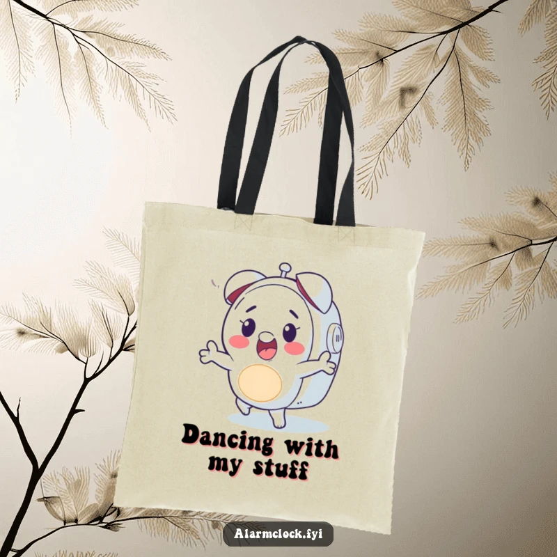 Funny tote bag illustrating a happy character dancing energetically to an alarm clock, ideal for humorous, musical outings.