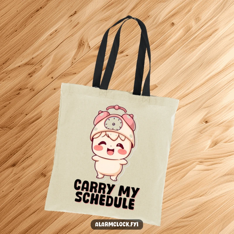 Funny tote bag with a giggling character wearing an alarm clock hat, a humorous accessory for daily use.