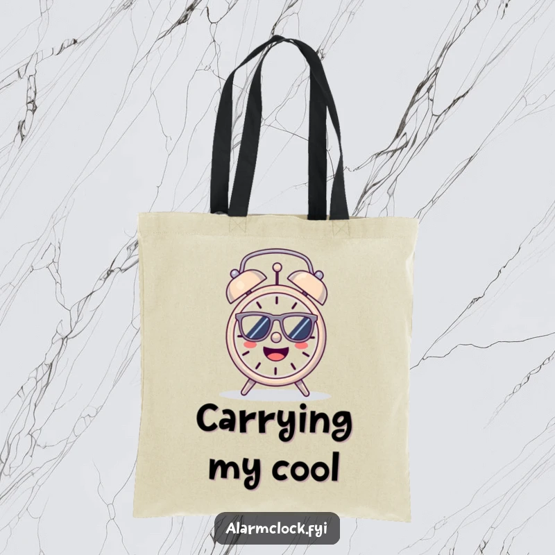 Funny Tote Bag: A cheerful alarm clock with sunglasses, basking in the sun, ready for outdoor fun.
