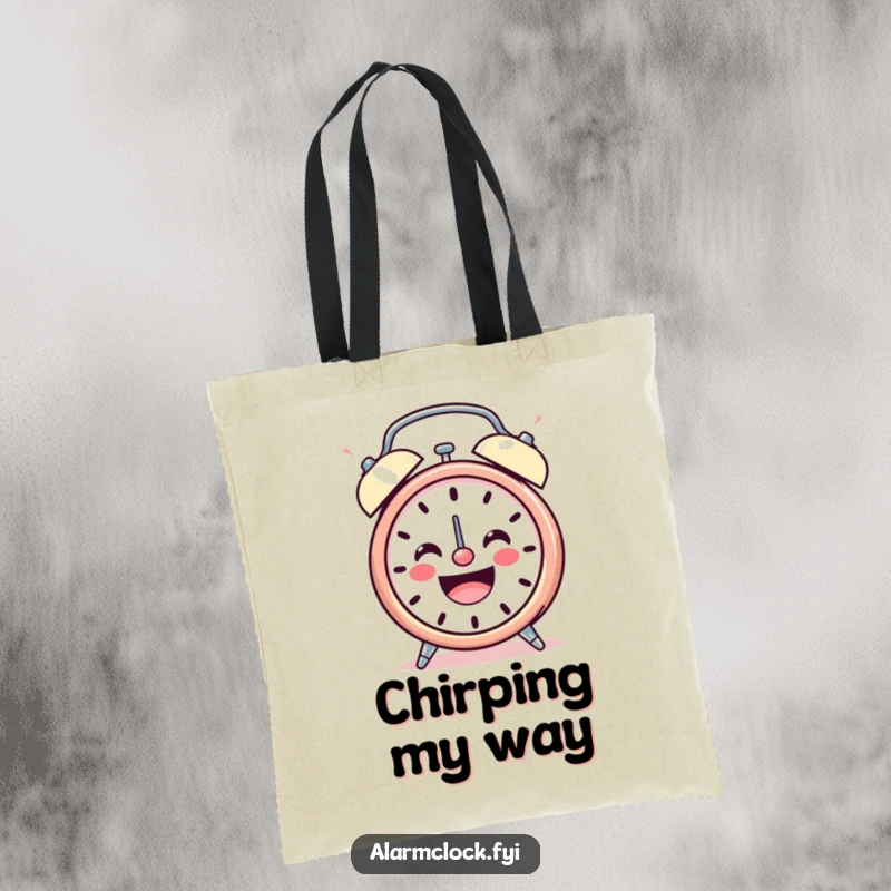 Funny tote bag with a smiling alarm clock character ringing loudly and cheerfully, perfect for a happy and humorous everyday bag.