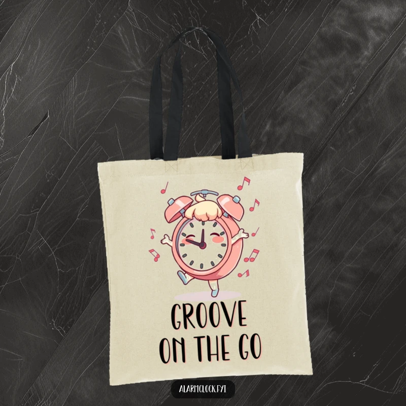 Funny Dancing Clock Tote Bag: A character dancing with musical notes around an alarm clock, ideal for carrying essentials with humor.