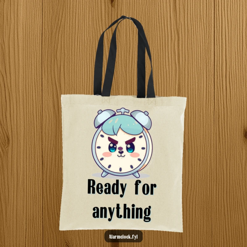 Funny tote bag with a determined character smiling confidently at an alarm clock, symbolizing motivation and readiness to face the day.