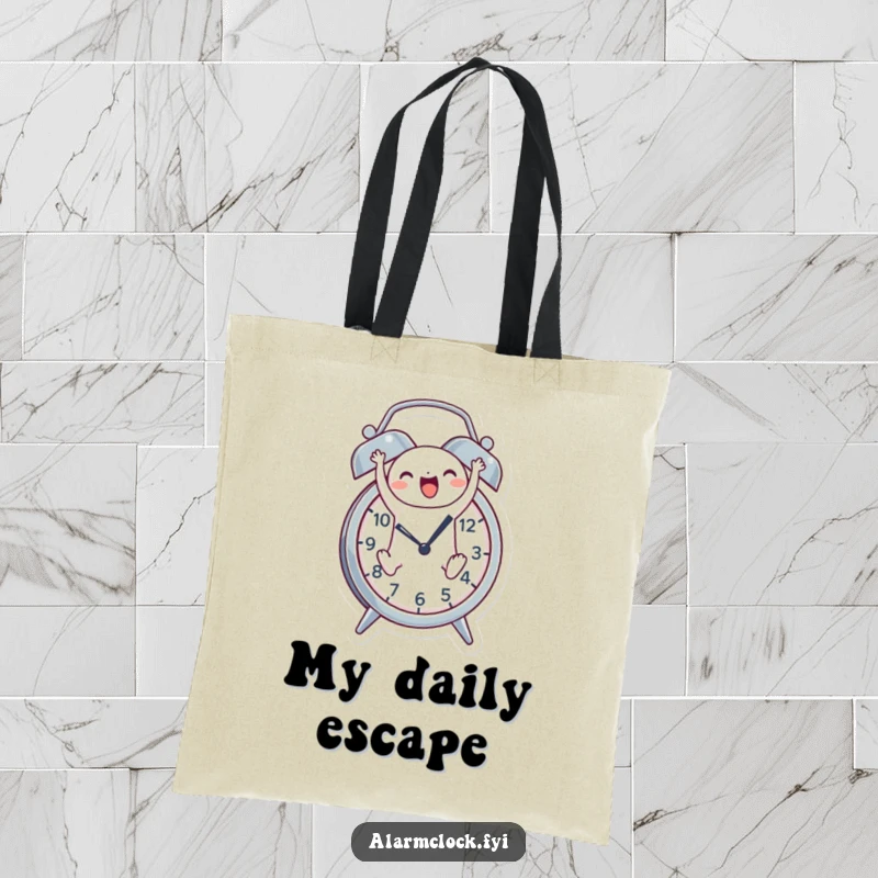 Funny tote bag with a cheerful character joyfully leaping out of an alarm clock, perfect for carrying essentials with morning energy.