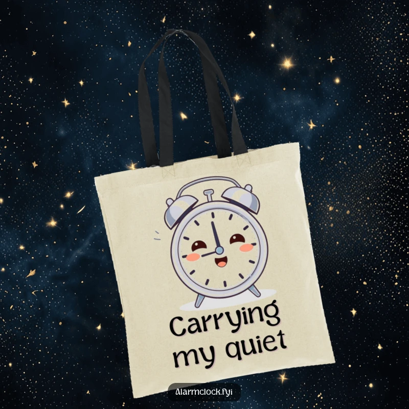 Funny Relief Clock Tote Bag: A character sighing while turning off a ringing alarm, ideal for carrying daily items with morning relief humor.