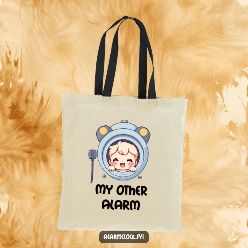 Funny tote bag with a smiling character peeking from behind a giant, blaring alarm clock, suggesting a playful and secretive morning.