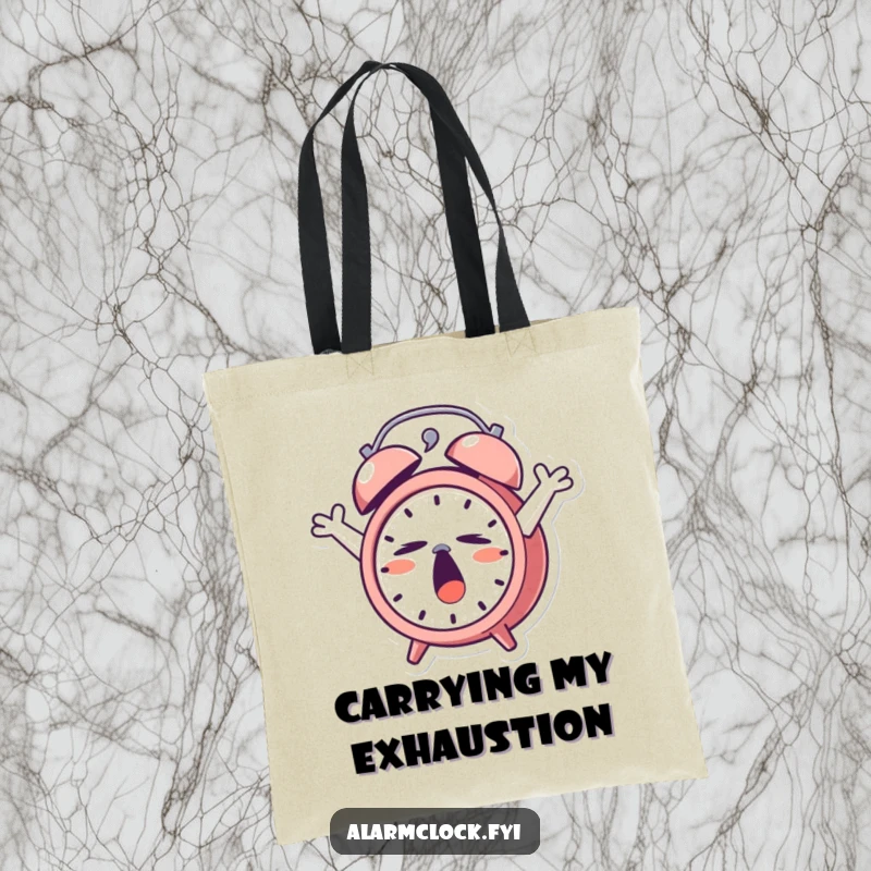 Funny Tote Bag: A sleepy alarm clock character yawning broadly while stretching, great for daily errands.