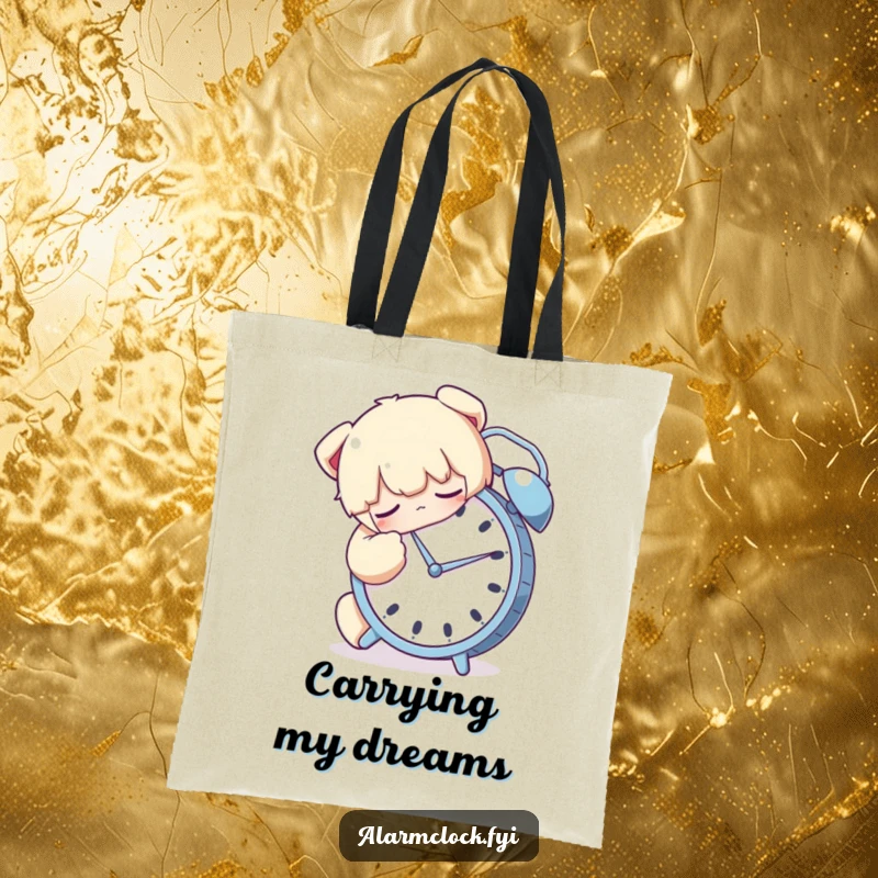 Funny tote bag with a character sleeping and hugging an alarm clock tightly, a humorous symbol of cherished sleep.