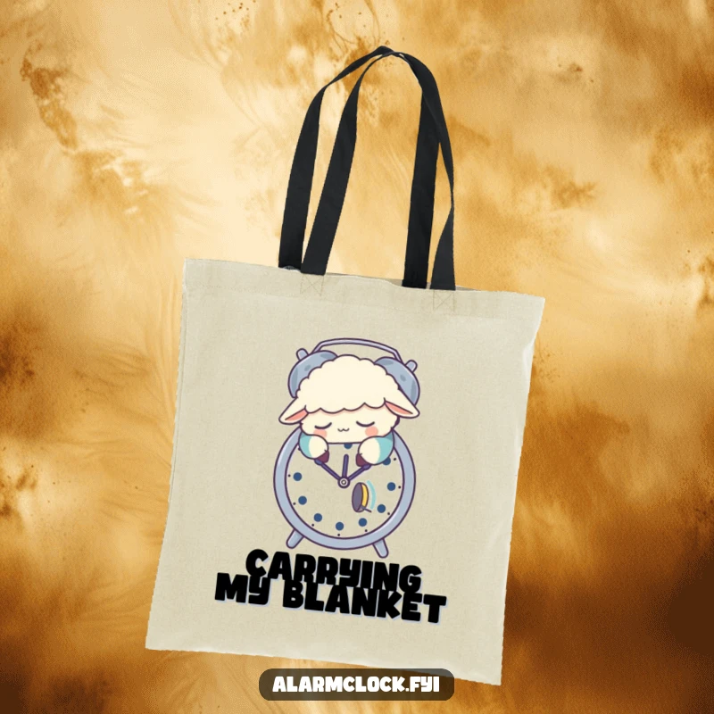 Funny tote bag featuring a sleepy sheep in pajamas snoozing on an alarm clock, a humorous and practical accessory.