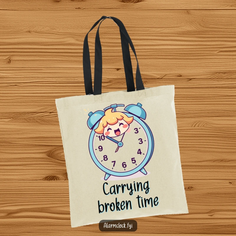 Funny tote bag with a cheerful character smashing a large, cartoonish alarm clock, a humorous accessory for morning warriors.