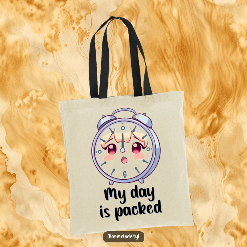 Funny tote bag with a surprised character staring at a spinning clock, perfect for those who feel time is always moving too quickly.
