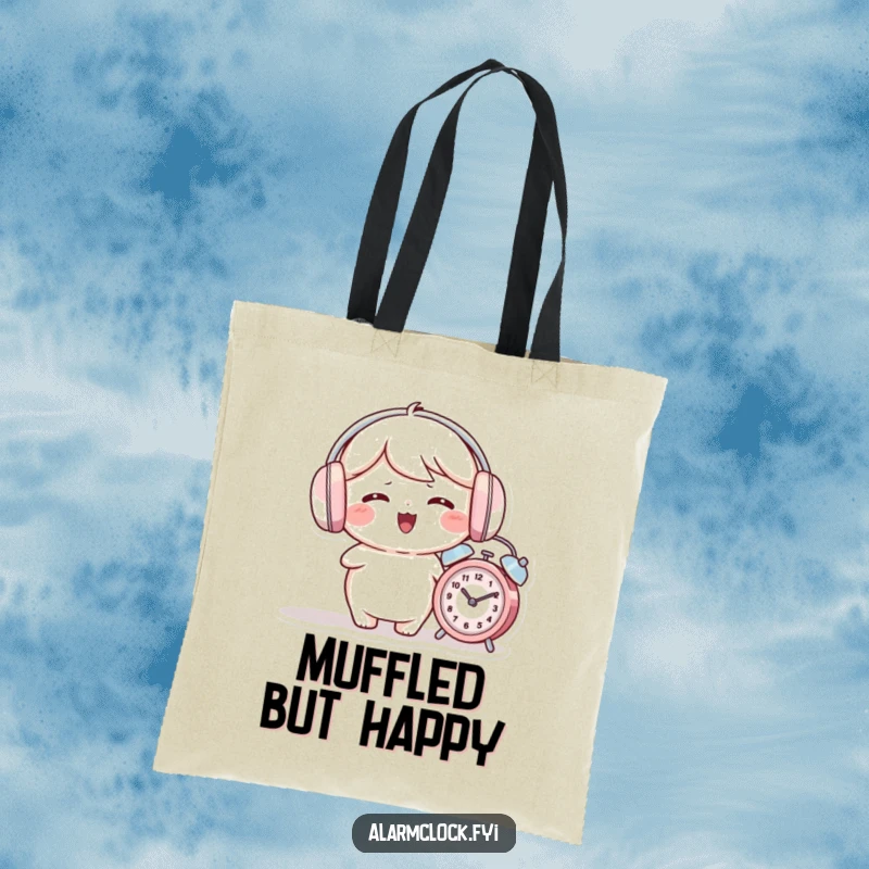 Funny tote bag showing a giggling character wearing earmuffs while an alarm clock rings nearby.
