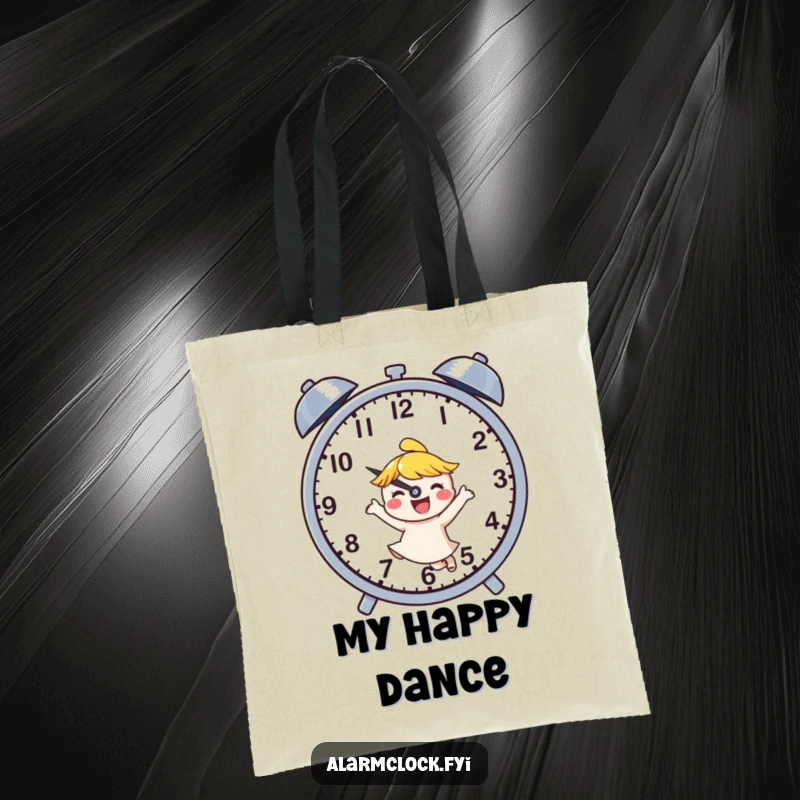 Funny tote bag with a joyful character dancing exuberantly beside buzzing clock hands, a humorous and practical accessory.