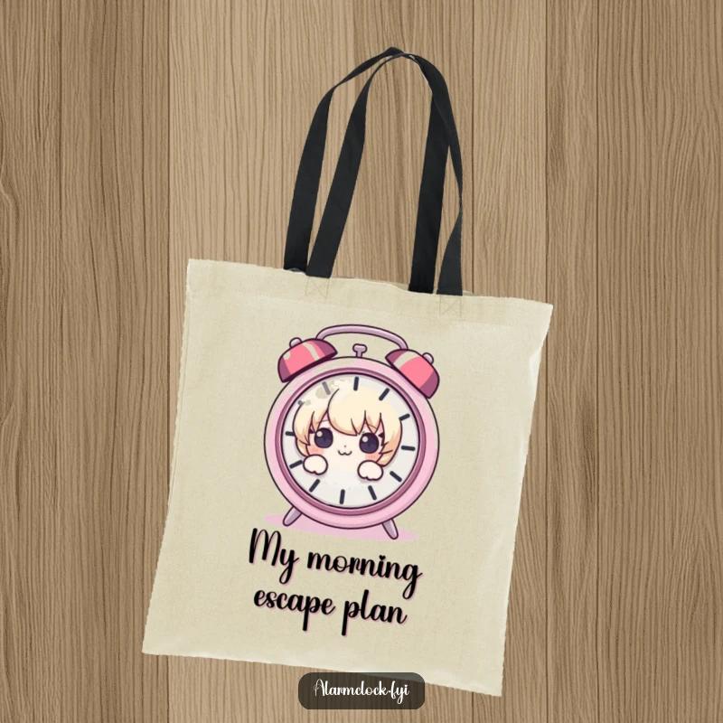 Funny tote bag with a cartoon character peeking over a loud, ringing alarm clock, illustrating a humorous start to the day.